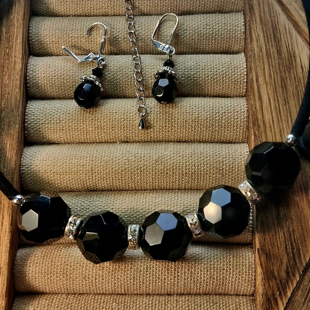 Black Faceted Bead Necklace and Earring Set - Sleek Everyday Jewelry